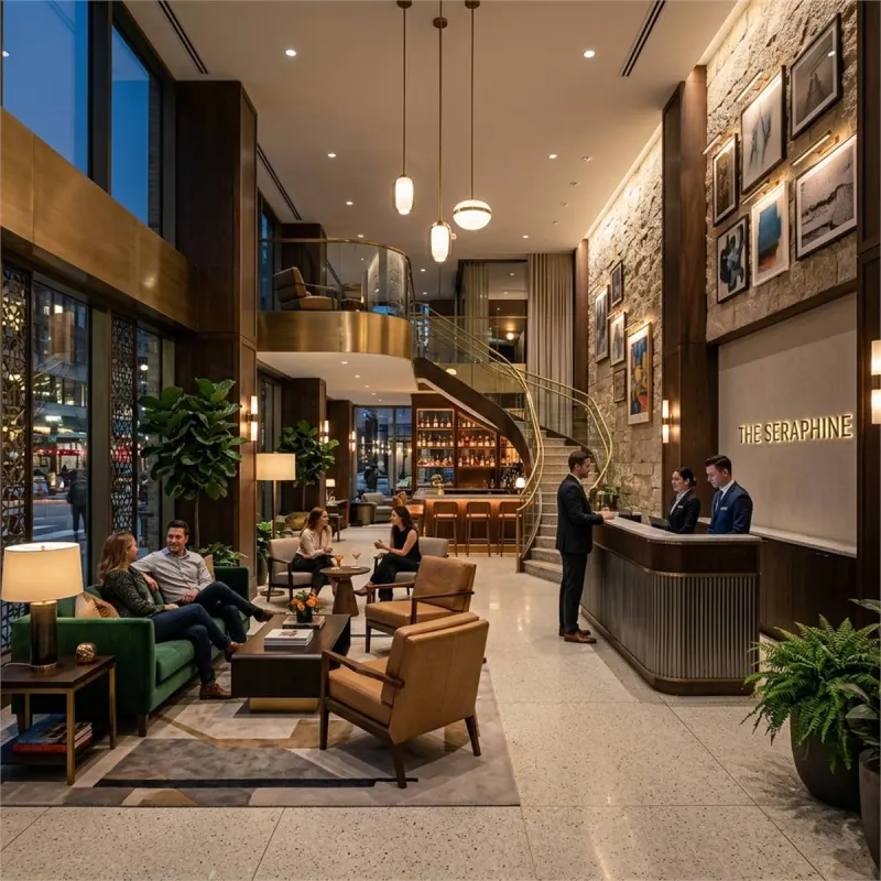 Hotel lobby with reception desk and lounge seating